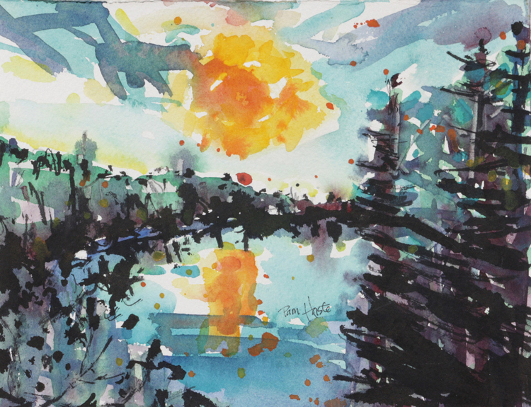 Sunset on the Mississippi Headwaters, Ink & Watercolor